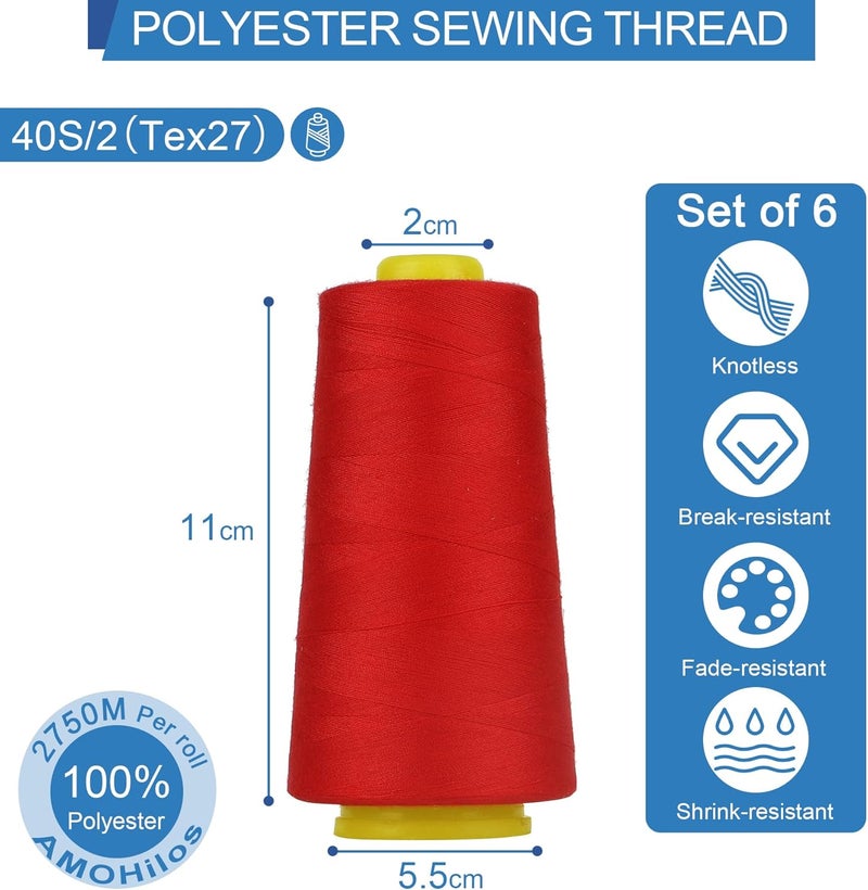 AMOHilos Polyester Sewing Thread All Purpose Knotless 40S/2 (Tex27) 6 Cones of 2750 Yards Each Spool Thread Total 16500 Yards for Serger Sewing Machine Quilting Piecing Overlock Hand Stitching (Red) - Image 3